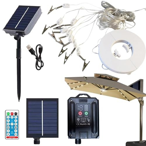 Lampes solaires pour parasol – Guirlande lumineuse LED étanche pour parasol de jardin avec batterie solaire et chargement USB, pour terrasse, jardin, décoration extérieure