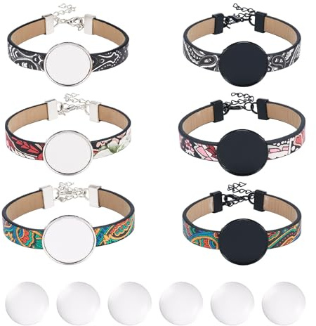 Craftdady 6 st PU-läder armbandstillverkning justerbara armbandsinfattningar bricka 18 mm glascabochoner DIY kvinnor män armband smyckeskit