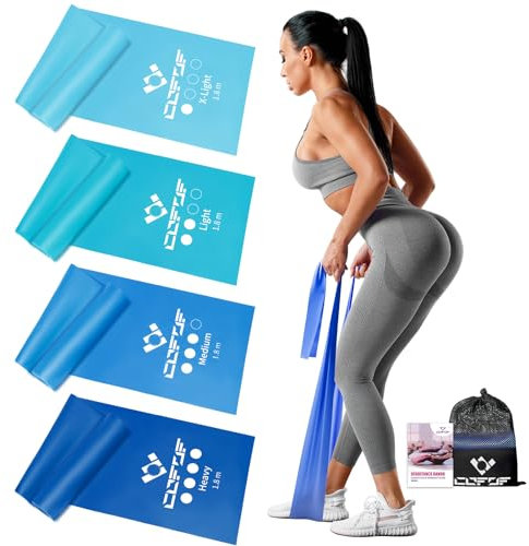 COFOF Fitnessbänder 4er-Set, Gymnastikband mit 4 Widerstandsstufen, Fitnessband mit Tragetasche & Übungsanleitung Geliefert Ideal für Yoga, Pilates, Krafttraining