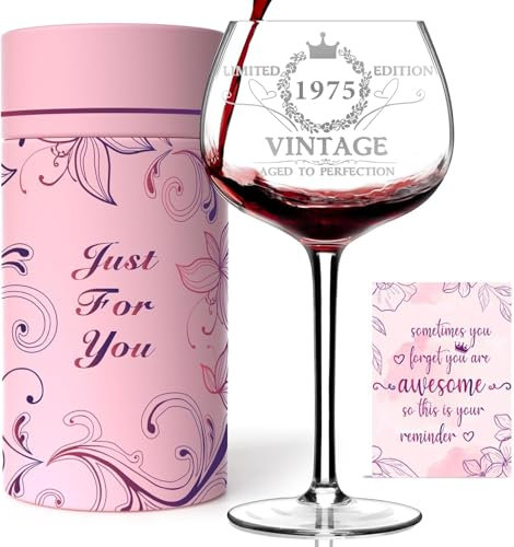 50TH Birthday Gifts for Her, Vintage 1975 Engraved 50th Wine Glass, 50 Year Old Birthday Decorations for Women, Funny 50 Bday Gifts Idea for Women, Friends, Daughter, Sister Mom - Turning 50 Present