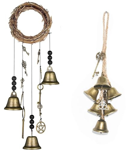 Juego de 2 dijes de campana de bruja para puerta, 2 campanillas de viento de bruja para colgar en la puerta, artesanía perfecta hecha a mano, corona natural, cuentas de plástico, campana de latón y