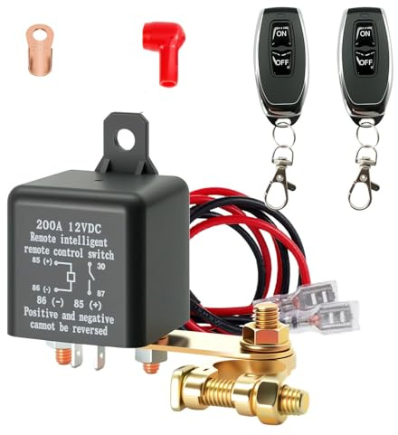 Interruptor de separación de batería de 12 V con mando a distancia, interruptor de batería 12 V 200 A con 2 pinzas de batería, 2 mandos a distancia para moto, coche, RV, barco, yate, caravana