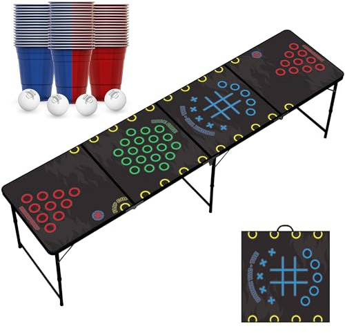 RedCupShop Ensemble de table Beer Pong 4 en 1 Avec 50 gobelets et 8 balles Tasse à rabat, cage de transport, Drunk Tac Toe Table de tournoi pliable 240 x 60 x 70 cm