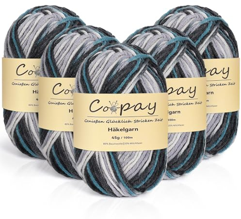 Coopay 5 Gomitoli di Filato per Maglieria Sfumato, 225 g, Filato per Uncinetto Morbido Multicolore, 5 capi di Lana per Uncinetto, Gomitoli Lana per Vestiti per Sciarpe, Calzini - Nero Grigio Blu