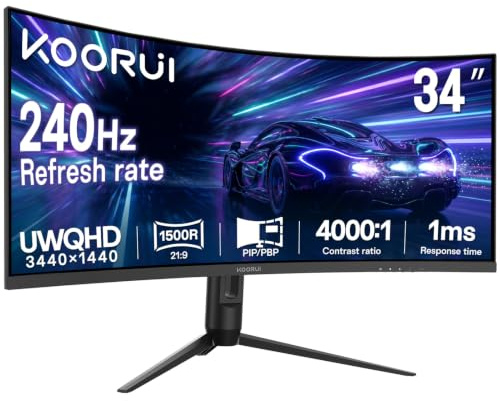 KOORUI 34 Inch 240Hz Ultrawide Curved Gaming Monitor, WQHD 3440×1440, 1500R, HDR400, PIP/PBP, 90% DIC-P3, Adaptive Sync, HDMI 2.1/DP 1.4, Tilt/Swivel/Height Adjustable, VESA for PC Gaming, Work & Play