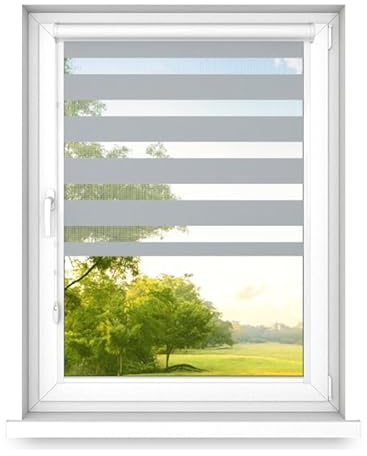 time4blinds – Dubbelrullgardin Utan Borrning – Zebra-Rullgardiner för Fönster och Dörrar – för Limning, med Aluminiumkassett, Ljusgenomsläppligt Tyg – Grå, 1300x500, Vänster