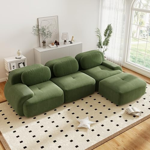 Canapé d'angle convertible moderne de 298 cm avec pouf, canapé modulaire en velours côtelé en forme de L, canapé compressé de 3 à 6 places pour salon, assise extra profonde, aucun assemblage requis