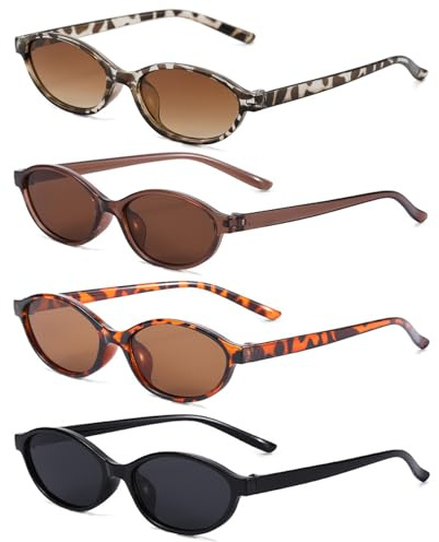 LURVOUS 4 Pièces Lunettes De Soleil Ovales Rétro Femmes et Hommes, Lunettes Cateye Étroites Vintage 90s pour Séances Photo Fêtes Carnavals Festivals de Musique et Plein Air