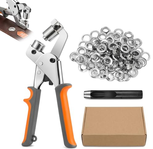 Pinza Occhielli Set 10mm con 200 Occhielli, Occhiellatrice per Teloni, Occhiellatrice Manuale con Sistema a Leva e Guida Magnetica, Fustellatrice per PVC Tessuto Pelle Bricolage e Riparazione