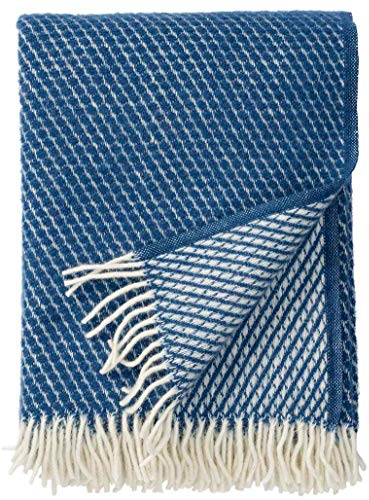 KLIPPAN: Creme-petrolblaue Wolldecke 'Velvet' 130x200cm aus Lambswool, Wollplaid Schurwolle, Sofadecke, Kuscheldecke