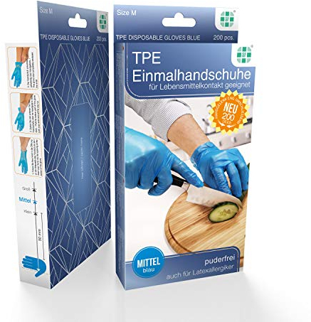 SF TPE Einmalhandschuhe, Größe M, 200 St./Box, Einweghandschuhe, Untersuchungshandschuhe, TPE Handschuhe, puderfrei, ohne Latex, unsteril, latexfrei, Lebensmittelhandschuhe