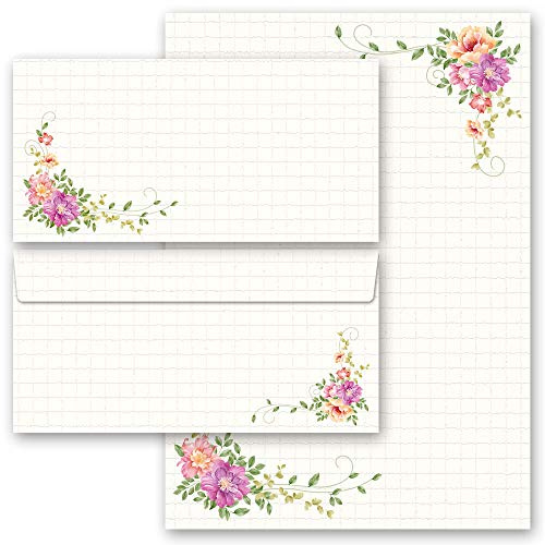 Motif-Stationery Sets Flowers & Petals, Floral Letter 10 Sheets of Stationery Paper + 10 Matching envelopes DIN Long windowless | Paper-Media