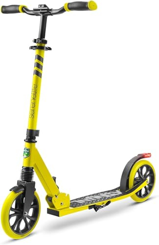 SereneLife Roller, Stabiler Cityroller, Höhenverstellbarer Big Wheel Scooter, Klappbar Inkl. Tragegurt, Ständer und Trittbremse, für Kinder und Erwachsene bis 100kg, Gelb