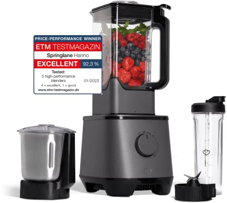 SPRINGLANE Hochleistungsmixer Hanno 2000 W, 32.000 U/min, 4 Programme, Selbstreinigungsfunktion, Standmixer mit 2,5 L Tritan-Behälter ohne BPA, inkl. Edelstahlmixbehälter & To-Go-Mixflasche