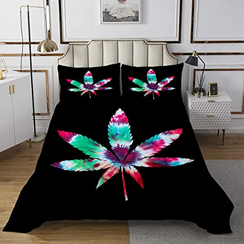 Colcha de Hoja de Marihuana con Hojas de Cannabis y Degradado para niños y niñas, Juego de edredón botánico de Marihuana, de Hojas de Colores, Acolchado 3 Piezas de Cama Doble