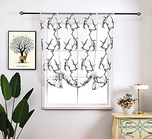 Devola Estor sin agujeros, moderno, transparente, con diseño de ramas de árbol, cortina plegable con cordón, cortina con trabillas, para salón, decoración de ventanas, ancho x alto, 60 x 140 cm, color