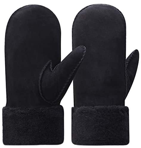 Harssidanzar Damen Fäustlinge,Winter Schaffell Lammfell beheizte warme pelzige Stulpenhandschuhe Lederhandschuhe KL024EU,Schwarz, Größe M