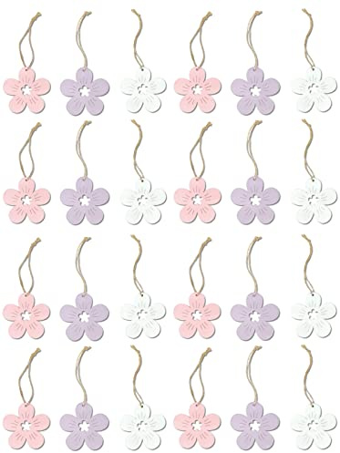 DARO DEKO Holz Dekohänger Blüten 24 Stück 7cm mit Jute Kordel Anhänger Blumendeko Holzblume Blumenhänger