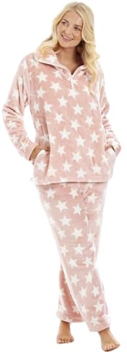 Camille Womens 2-Piece Super Soft Pyjama Set | Warm, Thick Fleece Full Length PJ Set, Top & Bottoms | Long Sleeves & Elastic Waist | Luxury Feel Comfy, Fluffy Loungewear for Women | Pink & White 10-12
