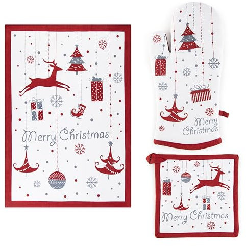 Excelsa Merry Christmas Textil-Set für die Küche, Ofenhandschuh, Topflappen und Geschirrtuch, Baumwolle, Füllung Polyester
