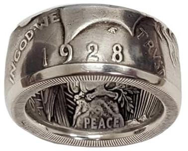 ASFKIPMF Morgan Silver Dollar Coin Men's Ring Coin Ring Morgan Silver Coin Design Ring, Men's Coin Ring, Fashion Jewelry Handmade Punk Vintage Personality Coin Ring, in God We Trust Rings Size 9