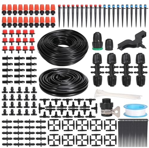 YAKHAN 221 PCS Drip Irrigation System Kit, 60M 1/4 Inch + 9M 1/2 Inch 230FT Automatic Garden Watering DIY System, Garden Automatic Irrigation Equipment for Lawn, Greenhouse, Flower Beds, Pot Plants