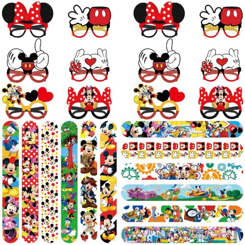 24 Pcs Mickkey Mousse Regali Festa Compleanno, 12 braccialetti Slap + 12 occhiali Party per Bambini, Compleanno Bomboniere Bambini, regalo per gli ospiti, accessorio per feste per ragazzi e ragazze