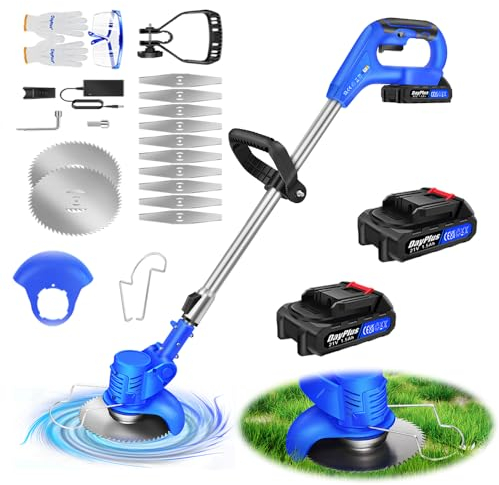 Akku Rasentrimmer 21V Elektrischer Rasentrimmer für Gartenrasen und Außenschnitt, Akku-Rasentrimmer mit 2x1,5Ah Akkus und Ladegerät, Elektro Trimmer Gartenkantenfräser mit Teleskop-Stiel