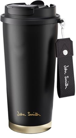 John Smith Travel Mug Insulated with Ceramic Coating, 16oz Stainless Steel Coffee Tumbler Spill-Proof Flip Lid Leak-Proof, Keeps Coffee Hot/Cold for Hours, Ideal for Office Commute Camping (Black)