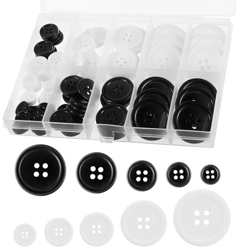 100 Stücke Knöpfe 4 Loch Schwarze Weiß Kunststoffknöpfe 10/12/15/20/25 mm Knöpfe zum Annähen Rund Knöpfe mit Aufbewahrungsbox für Mantel Hemd Kleidung Nähen Handwerk Scrapbooking DIY