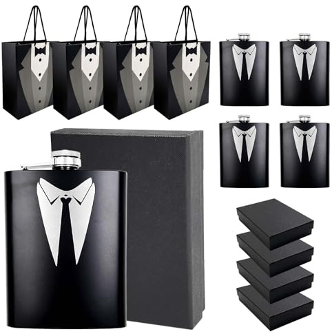 Daily Treasures Set 4 Petacas Esmoquin Acero Inoxidable 8oz - Grabado Láser, Cajas Regalo para Bodas, Accesorios Antifugas para Despedidas de Soltero y Viajes