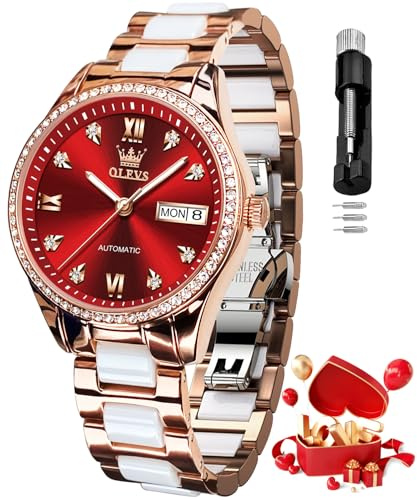 OLEVS Automatic Watch for Women Self Winding Mechanical Ladies Diamond Wrist Watch Luxury Dress Rose Gold Ceramic Watches for Women Love Heart Date