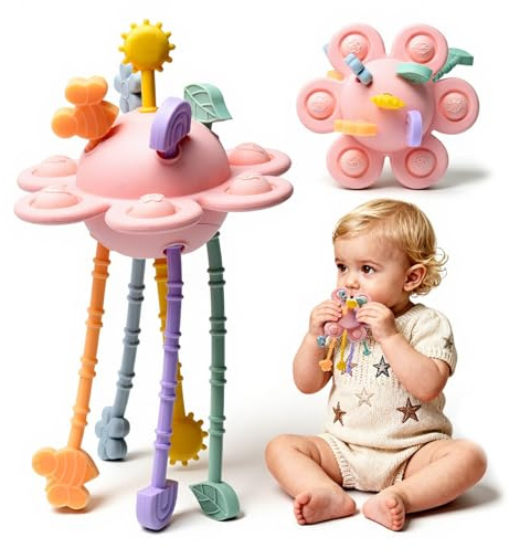 Little Rawr Silicone Baby Sensory Montessori Toys & Pull String Toys for 18 M+, Toddler Birthday Gift Car Seat Airplane Travel Toy for 1 2 Year Old Boy Girl Infant 18 Months Old (Pink)