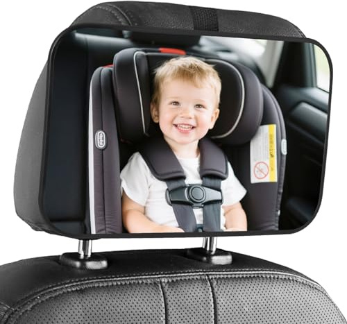 Vicloon Miroir Voiture Bébé, Rétroviseur Voiture Bébé Avec Sangles Réglables, Incassable, Easy Installation, Miroir Siège Arrière Bébés, Accessoire Voiture pour Jeunes Parents, Noir