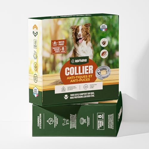 ASRHANE – Collier Préventif Naturel Anti-Tiques & Anti-Puces pour Chien | sans Insecticide | Protection 8 Mois | Résistant à l’Eau | Réglable, Confortable Tous Chiens