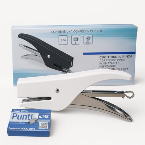 Terryshop74 Cucitrice a Pinza Manuale in Metallo con Punti n.148 Inclusi – Pinzatrice Ergonomica Professionale per Ufficio, Scuola e Casa – Disponibile in 4 Colori (Bianca)