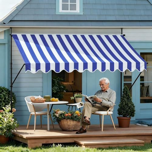 UISEBRT Tenda da sole per balcone, larghezza 200 cm, con manovella, regolabile in altezza, senza fori, protezione UV, protezione solare, resistente alle intemperie (200 x 120 cm, blu e bianco)