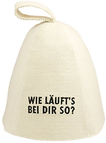 Saunahut - Modell mit Aufschrift - Wie läuft's bei dir so? - 100% Baumwolle - Saunamütze aus Filz für Damen und Herren
