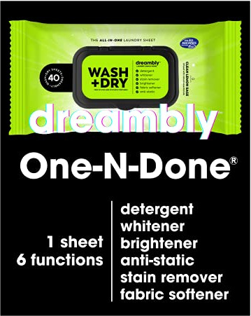 Dreambly Laundry Sheet, Organic, 6 in 1 Detergent, Whitener, Stain Remover, Brightener, Fabric Softener, Anti-Static, 40 Sheets (1 Pack)