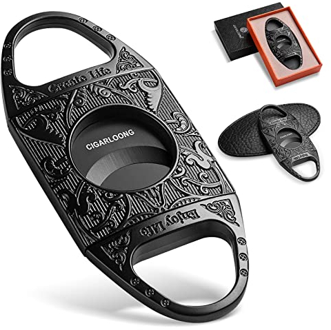 CIGARLOONG Cigar Cutter Black Engraved Stainless Steel Double Self Sharpening Blades Cigar Guillotine