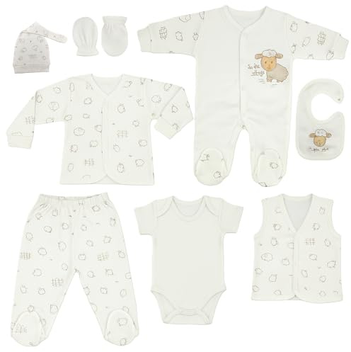 Blue Eyes nyfödd hospital presentset unisex | 8 delar första kläder & babyutrustning + bomullsväska | 100 % naturlig OEKO‑TEX® bomull | spädbarn 0–4 månader gåva babyshower (Lamm)
