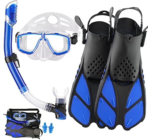 DiVLMT Snorkeling Gear for Adults with Fins Scuba Diving Gear Adult Professional Travel Snorkel Sets with Flippers,Anti-Fog Anti-Leak Diving Mask (Blue, US Men 9-13 | US Lady 10-14)