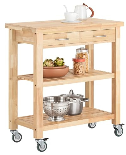 SoBuy Carrello da Cucina con Ruote, Mobile Cucina Salvaspazio in Legno Massiccio di Hevea – Mobile Soggiorno Credenza con 2 Cassetti e 2 Ripiani 80x40x90 cm FKW24-II-N