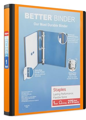 Staples Better Binder, 1 Heavy‑Duty D‑Ring 3‑Ring Binder, Orange, Reinforced Spine, 275‑Sheet Capacity, Durable Organizer for Classes, Office & Projects, 3‑Pack