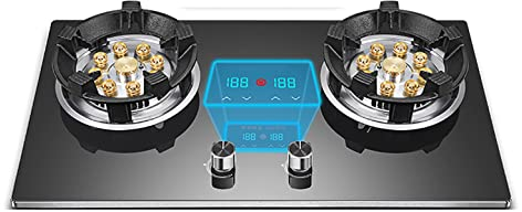 Plaque de cuisson à gaz Cuisinière à gaz intégrée, Cuisinière à gaz à 2 brûleurs, Bouton en alliage de zinc-magnésium, Rappel anti-brûlure à 55 ° +, Contrôle indépendant, Affichage de la puissanc