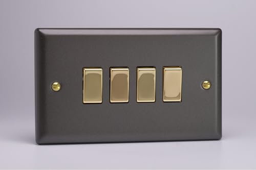 Varilight XY9V.SL Quad Light Switch, 10A, 4-Gang, 2-Way, Vogue Slate + Brass Insert