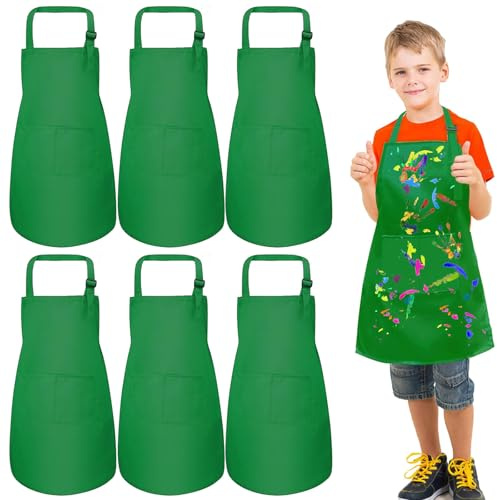 umboom Set di 6 Grembiuli per Bambini, Ragazzo Ragazza Cuoco Grembiule, Regolabile Bambini Grembiule con 2 Tasche per Artista, Scuola, Cucinare, Pittura, Giardinaggio (Verde