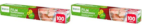 Bayeco - Papel Film Transparente - Gran adherencia - Estuche con sierra de corte - Apto para contacto con alimentos - Color transparente - Rollo papel film cocina de 100 metros (Paquete de 2)