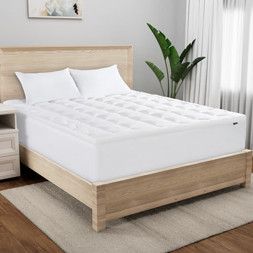 Serta Memory Flex Soft Queen Mattress Topper, 2 Pillow Top Mattress Pad, Cushioning Stain Resistant Mattress Protector with 15 Pocket for Secure Fit, Machine Washable, White