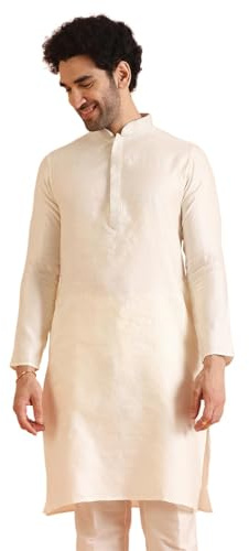 KISAH Men's Off-White Jacquard Silk Blend Kurta- Regular Fit Long Tunic with Mandarin Collar|Ethnic Wear for Weddings & Festive Occasions